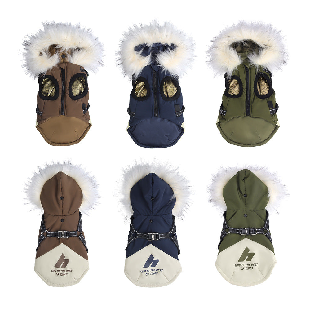 Hooded Dog Jacket with Fur Collar for Cold Weather