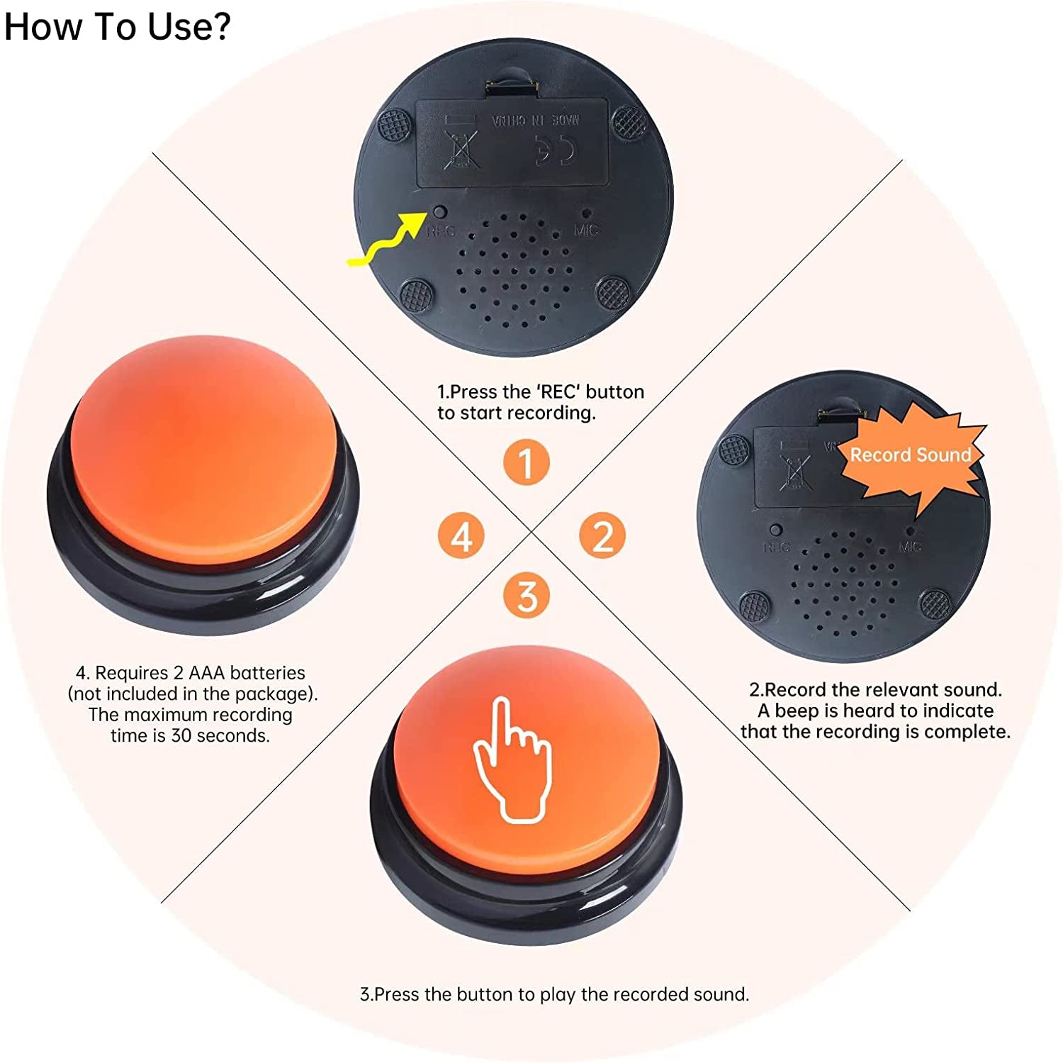 4 Color Voice Recording Button, Dog Buttons for Communication Pet Training Buzzer, 30 Second Record & Playback, Funny Study Office Home - 4 Color Packs