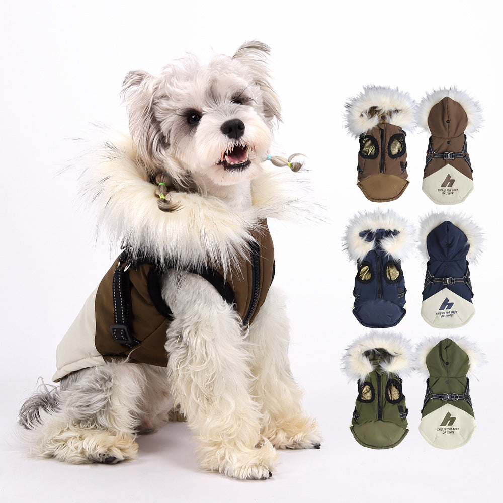 Hooded Dog Jacket with Fur Collar for Cold Weather